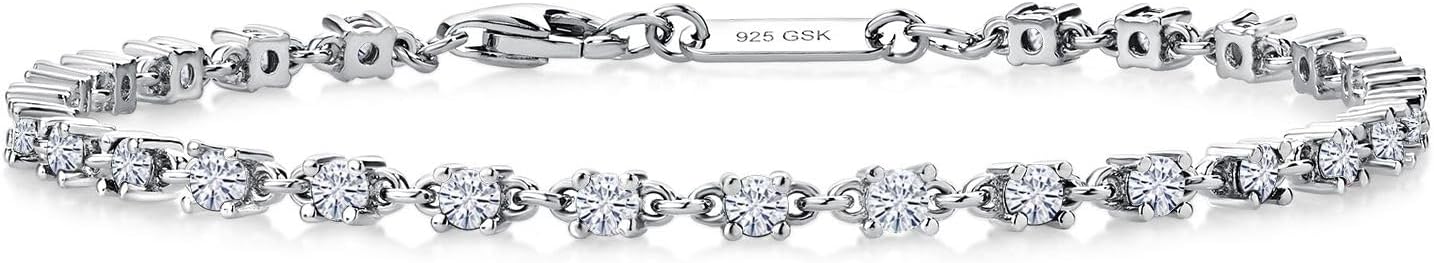 Gem Stone King White Moissanite Tennis Bracelet For Women | 925 Sterling Silver | 1.76 Cttw | Round 2.5MM | 7 Inch | Fine Jewelry Gifts for Her Mom Women Wife