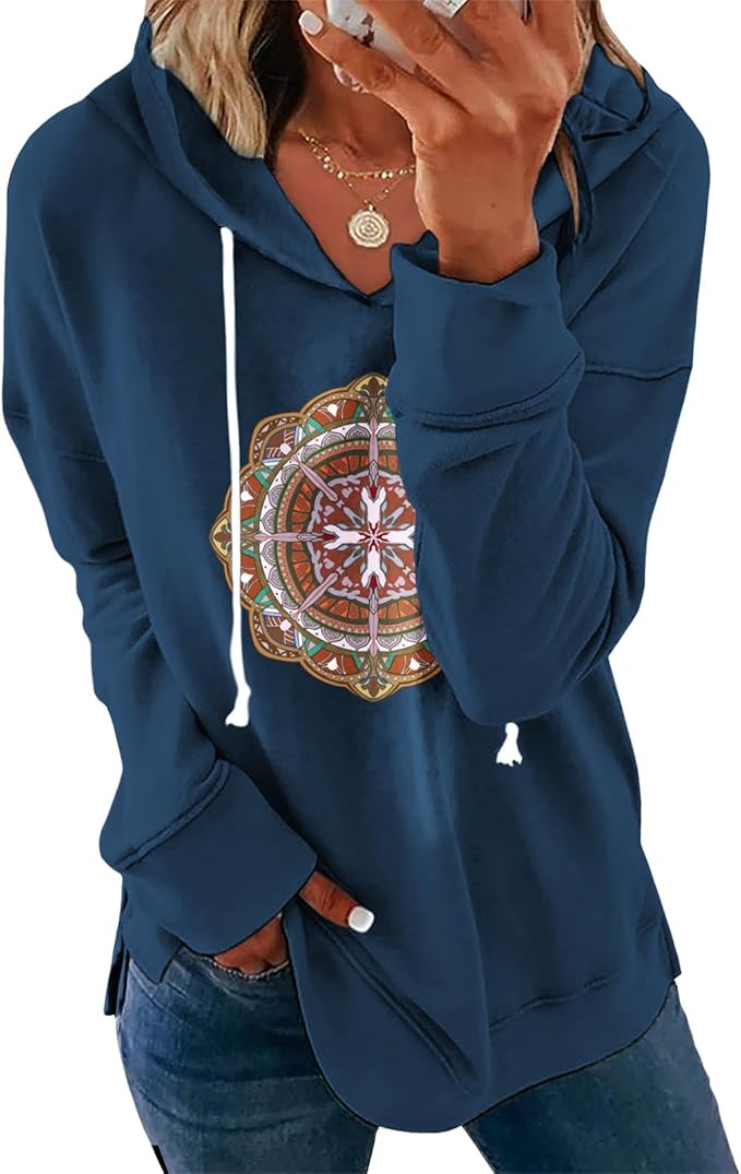 Womens Casual Loose Fit Pullover Sweatshirt with Artistic Print Drawstring Hood Long Sleeve Cotton Blend for Fall