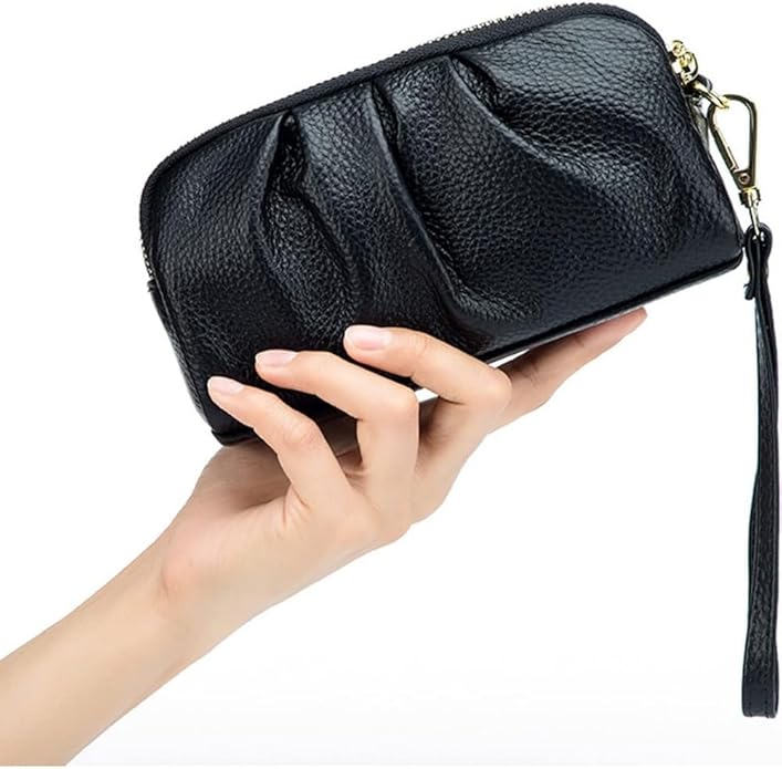 Genuine Leather Wristlet for Women, Ruched Clutch Wallet Purse, Compact Ladies Wristlet with Card Slots