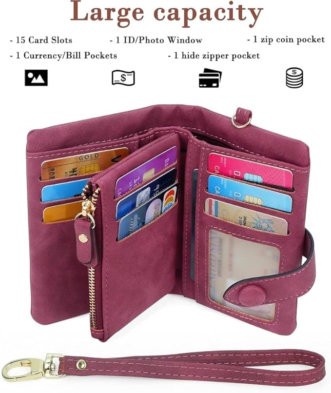 Women's Leather Wristlet Wallet, Bifold RFID Purse with ID Window, Zipper Coin Pocket for Daily Essentials (fuchsia)
