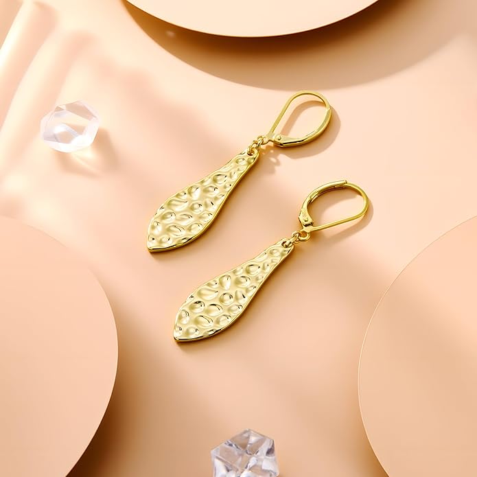 ALEXCRAFT 925 Sterling Silver Dangle Earrings for Women, 14K Gold Plated French Leverback Earrings, Hypoallergenic Lightweight Statement Hammer Square Bar Long Drop Earing for Women Trendy Jewelry
