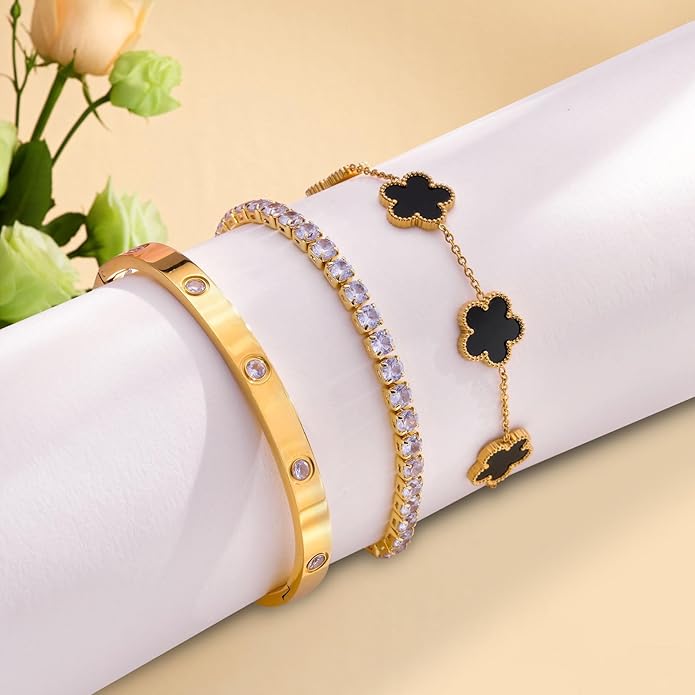 Gold Bracelets for Women-4Pcs/3Pcs,18K Gold Plated Bangle Tennis Bracelets Stack Set for Women Trendy Non Tarnish Stainless Steel Gold Bangles Accessories Designer Jewelry