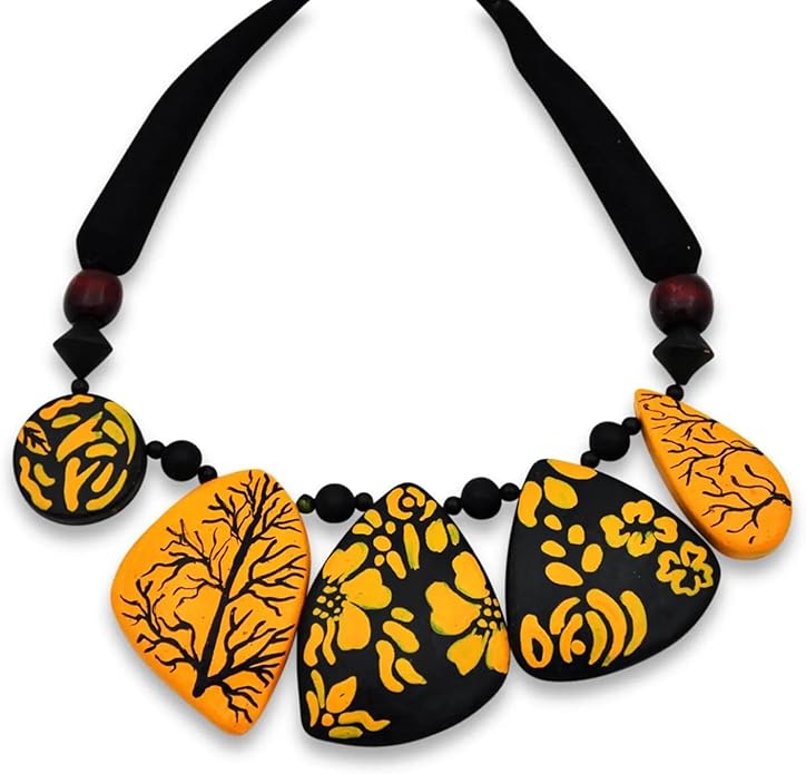 Handmade Terracotta Necklace & Earrings Set – Boho Statement Jewelry with Yellow Floral Design – Eco-Friendly Ethnic Jewelry Gift for Women & Festivals