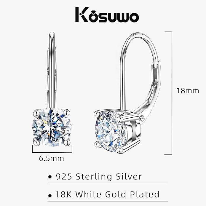 Moissanite Earrings for Women 2.0CT D Color,18K White Gold Plated Sterling Silver Dangle Earrings, Leverback Drop Earrings Jewelry for Gifts