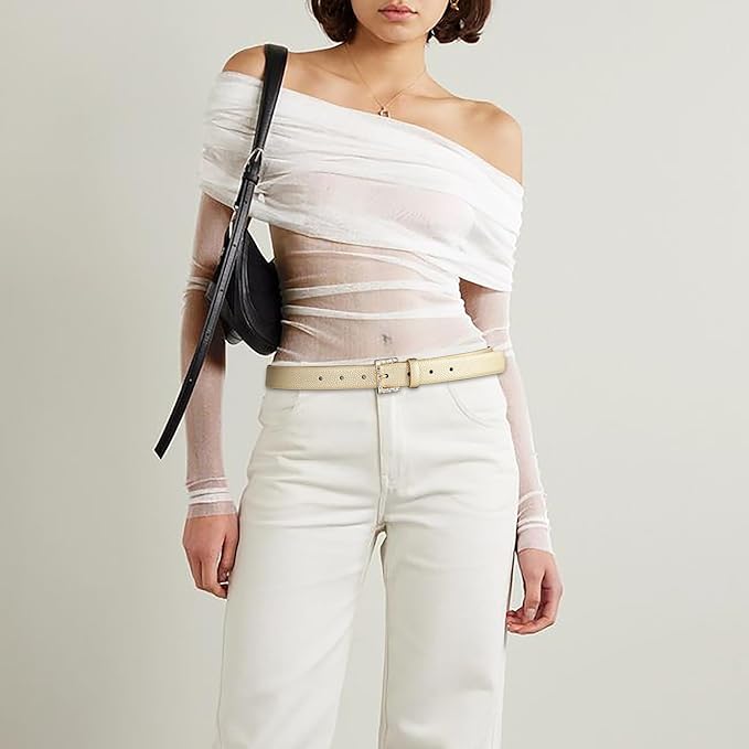 Women Casual Leather Gold Belt for Jeans Pants, Fashion Ladies Girls Gold Faux Leather Waist Belt