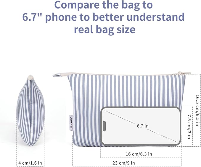 Narwey Small Striped Makeup Bag for Purse Travel Makeup Pouch Cosmetic Bag Zipper Pouch Bags for Women (Greyish Blue Stripe)