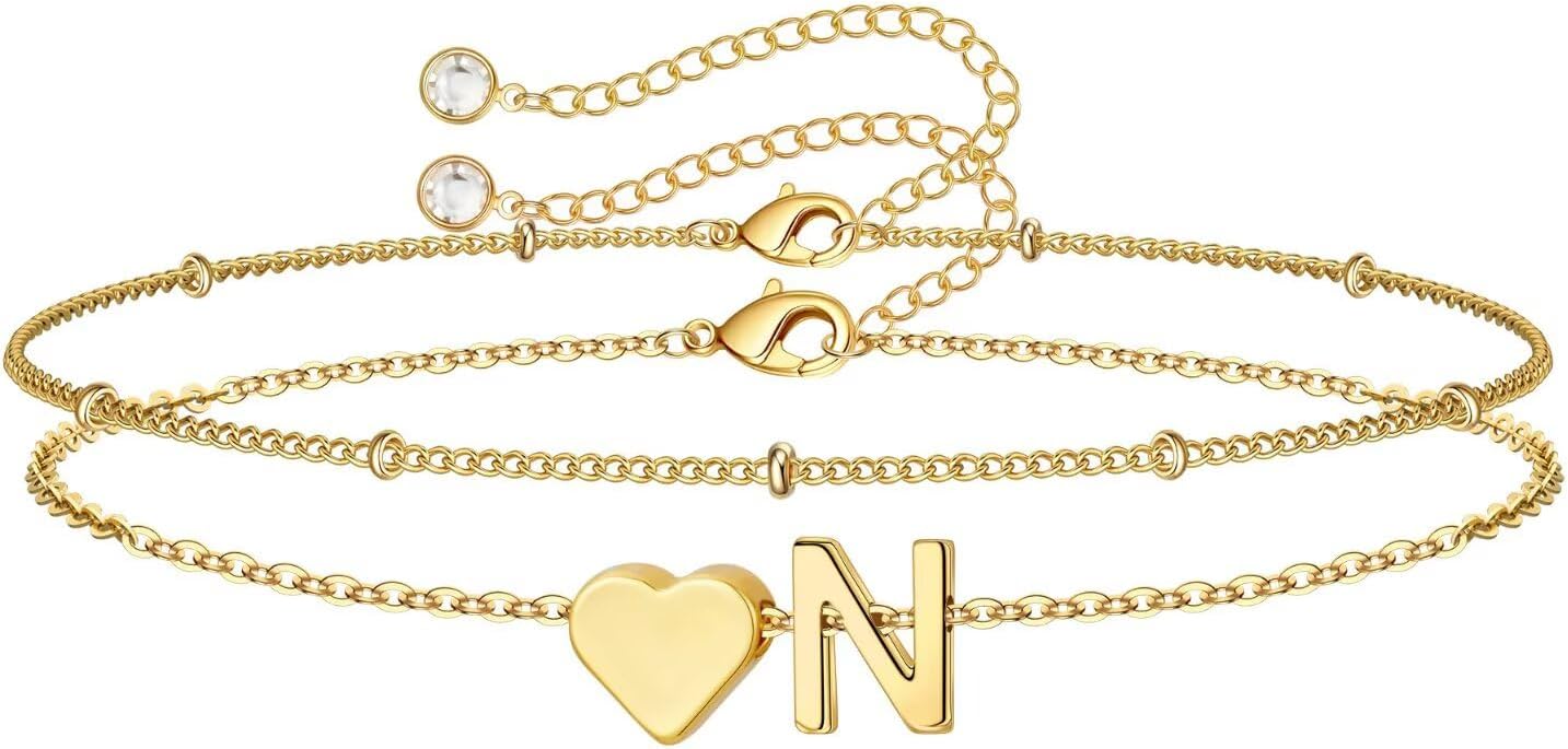 M MOOHAM Valentines Day Gifts for Kids Teen Girls -14K-Gold-Plated Heart Initial A-Z Bracelets for Women Girl Dainty Gold Bracelets Birthday Valentines Gifts for Women Her Teenage Girls Kid Teen Gift