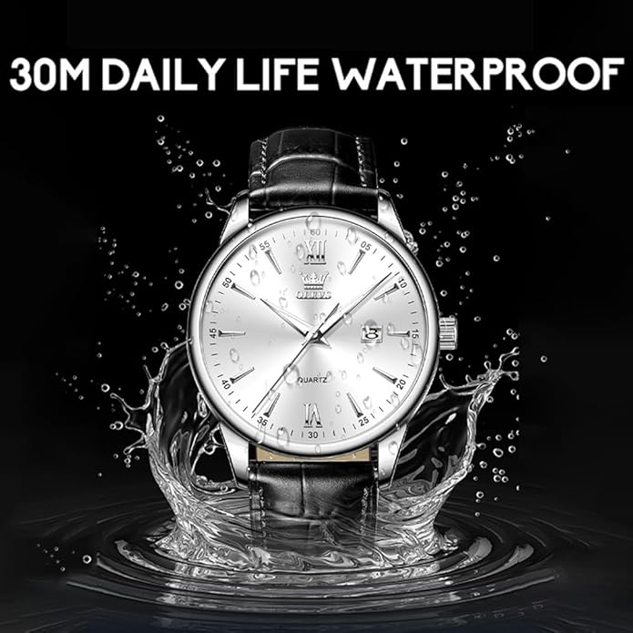 OLEVS Mens Watches Vintage Leather Band Dress Classic Easy Reader Arabic Numerals Analog Quartz Waterproof Date and Day Blue/Black/White Large Face Men's Wrist Watches