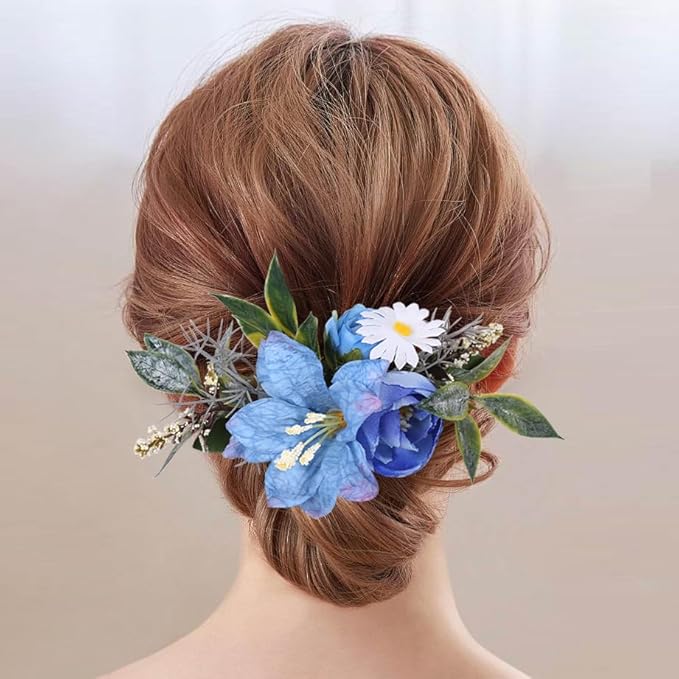Flower Hair Clip for Women - Elegant Hair Accessory for Wedding, Party & Daily Wear (Blue)