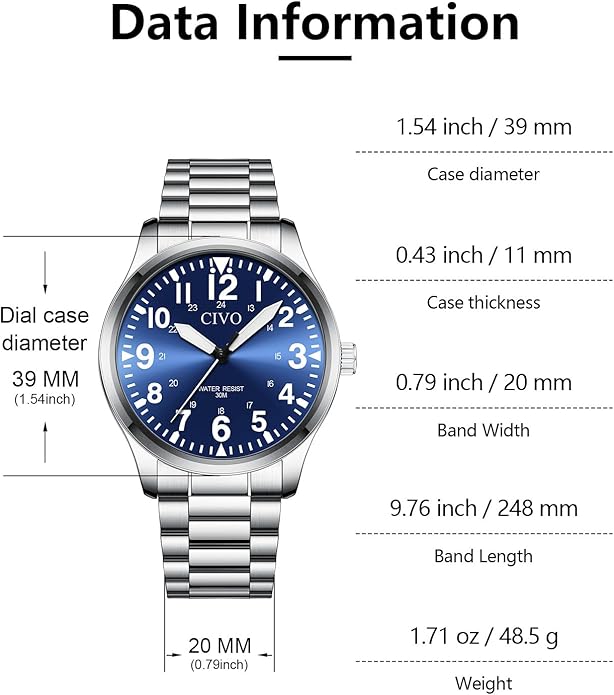 CIVO Analog Wrist Watches for Men: Waterproof Stainless Steel Mens Watches - Silver Watch with Easy Read Dial Men's Watch for Gift