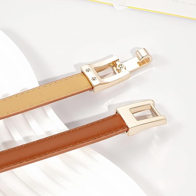 Glamorstar Skinny Belts for Women Thin PU Leather Waist Belt with Gold Buckle for Dresses