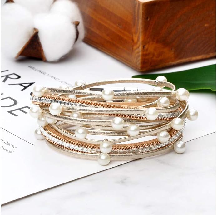 Fesciory Leopard Bracelet for Women, Boho Leather Wrap Multi-Layer Pearl Crystal Bracelet Bangle Jewelry