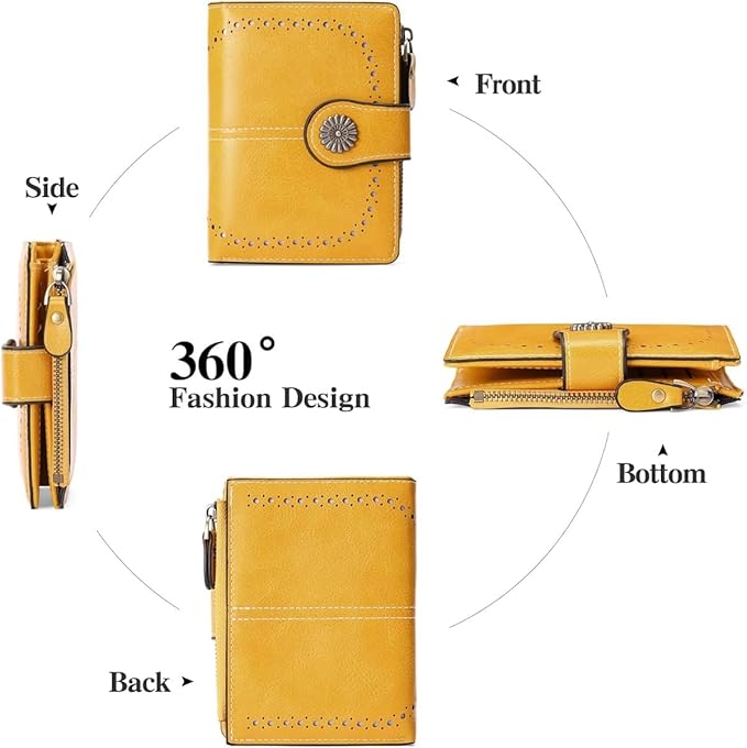 Premium Slim Genuine Leather Bifold Wallet for Women with Advanced RFID Blocking Technology and Zippered Coin Compartment (Yellow)
