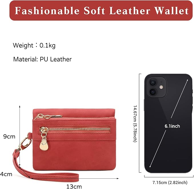 Women's Vintage Genuine Leather Handbag Wallet Dark Billfold Purse with Snap Closure for Daily Essentials (Red)