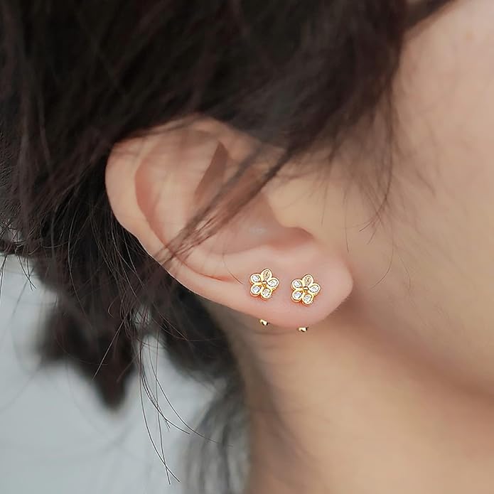 18K Gold Plated Sterling Silver Cubic Zirconia Screw Back Small Trendy Dainty Cute Flower Stud Earrings for Women with Jewelry Rose Box