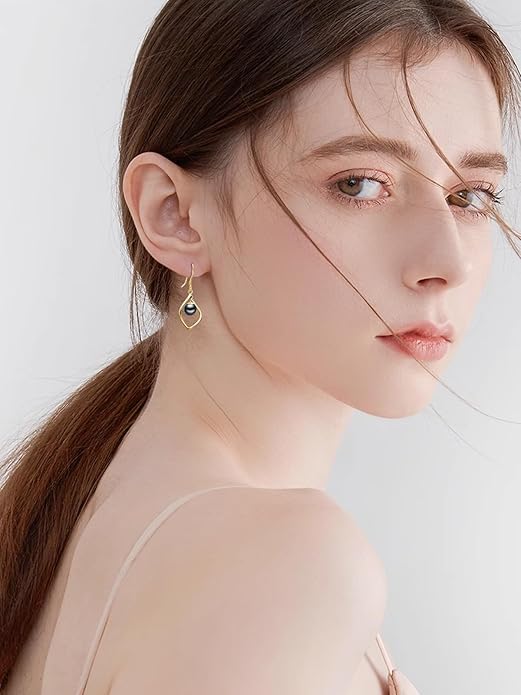 Tahitian Black Pearl AAAA 18K Gold Plated Sterling Silver Dangle Drop Earrings for Women Wife Mom Girlfriend Valentine Her Jewelry Gift for Anniversary Birthday Christmas