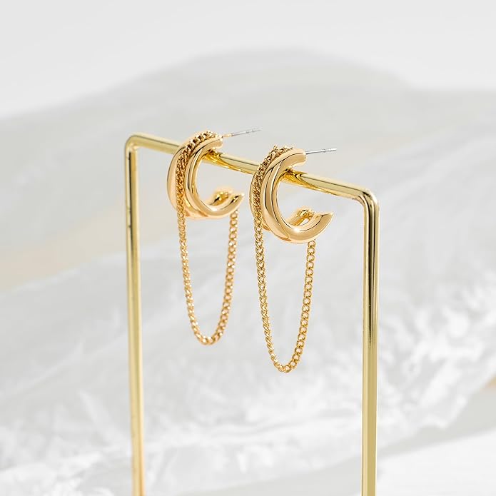 Tassel Chain Hoop Earrings for Women Trendy Two Tone Dangling Chain Earrings Hypoallergenic Fashion Jewelry Gifts