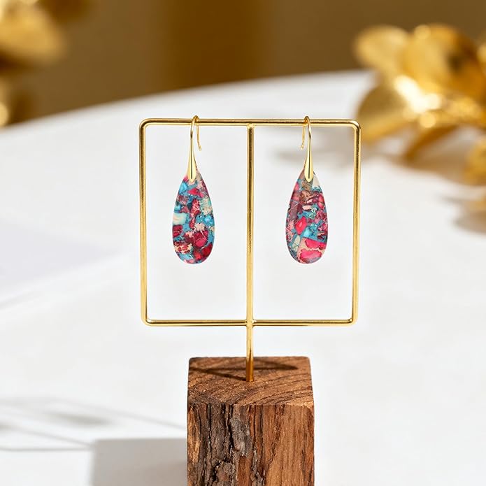 Emperor Stone Dangle Earrings for Women - Natural Healing Crystal Earrings with Gold Fishhooks in Soothing Colors, Unique Personalized Valentine‘s Day Gift Set for Her
