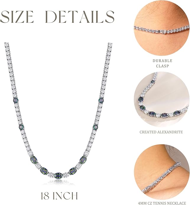FANCIME Sterling Silver Tennis Necklace 4mm 18 inch Birthstone Necklace with 6 * 8mm Oval Gemstone Luxury Fine Birthday Jewelry Gifts for Women