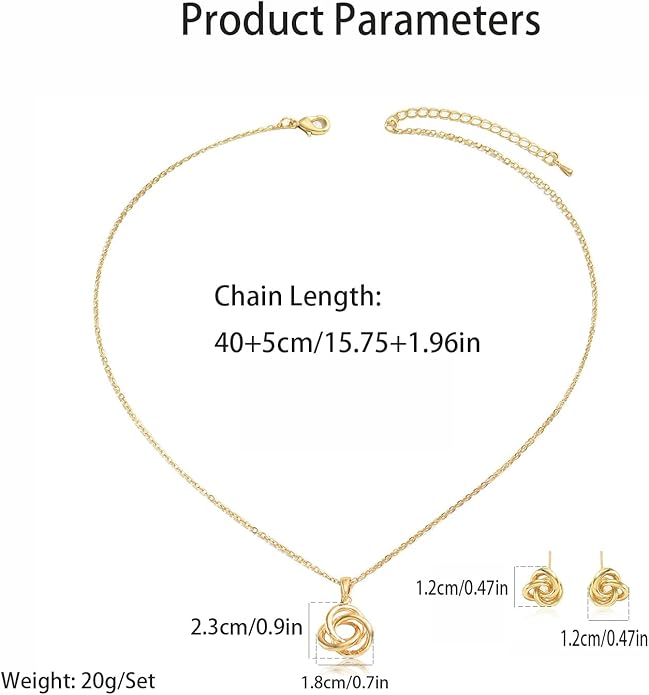 Hebelee Minimalist Love Knot Stud Earrings and Necklace Jewelry Set for Women Gold-Toned Simple Circle Knot Pendant Necklaces Adjustable Link Chain Dainty Studs Earring for Wedding Anniversary