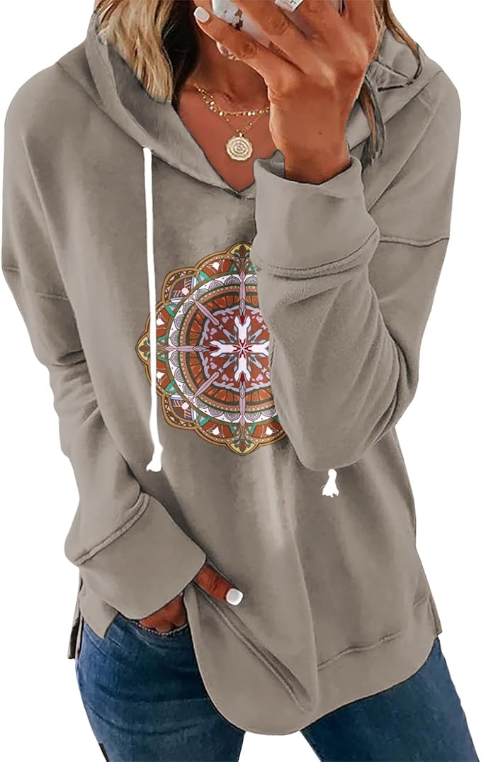 Women's Brown Mandala Print Hoodie Long Sleeve Loose Fit Pullover Sweatshirt With Drawstring For Fall Winter