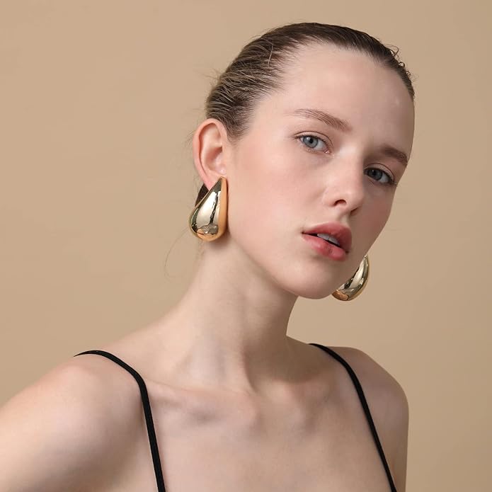 Apsvo Chunky 14K Gold Plated Hoop Earrings for Women, Lightweight Waterdrop Hollow Open Hoops, Hypoallergenic Dupes Earrings