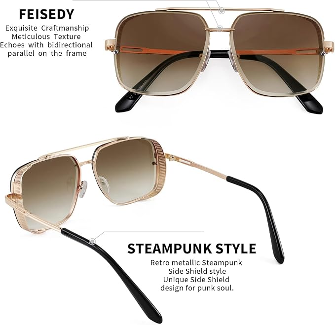 FEISEDY Sunglasses Mens Women Vintage Pilot Square Trendy Metal Steampunk Fishing Driving Sun Glasses B2894