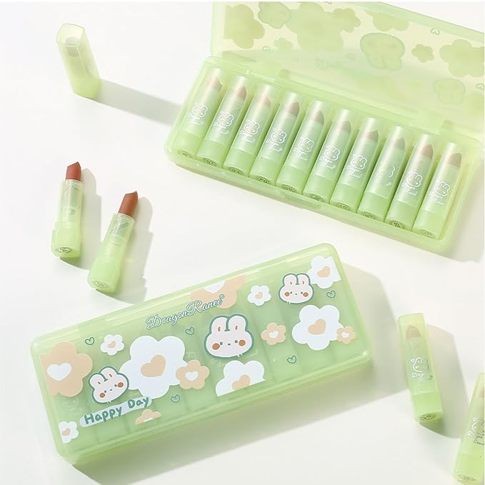 10 Pcs Lip Tint Set Cute Glossy Lip Stains and Matte Lipsticks with Long-lasting and Quick-drying Mini Lip Gloss Lipstick for Makeup Gift (Green Rabbit, Lipstick)