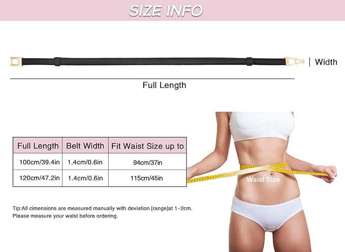 Women Skinny Belts, Thin Genuine Leather Waist Belts with Gold Buckle for Dresses