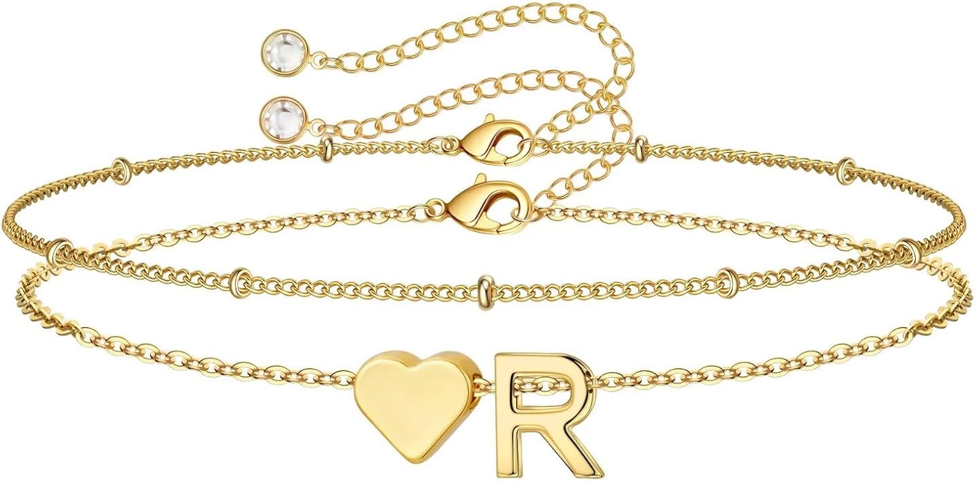 M MOOHAM Valentines Day Gifts for Kids Teen Girls -14K-Gold-Plated Heart Initial A-Z Bracelets for Women Girl Dainty Gold Bracelets Birthday Valentines Gifts for Women Her Teenage Girls Kid Teen Gift