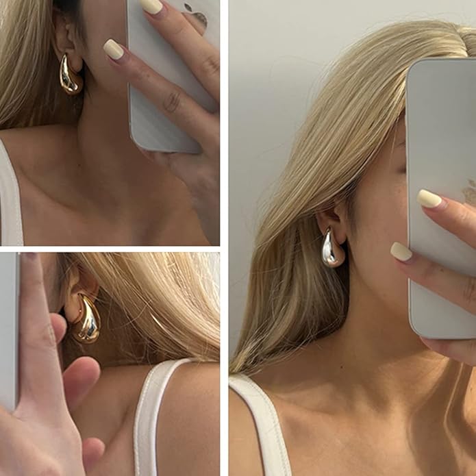 Apsvo Chunky 14K Gold Plated Hoop Earrings for Women, Lightweight Waterdrop Hollow Open Hoops, Hypoallergenic Dupes Earrings