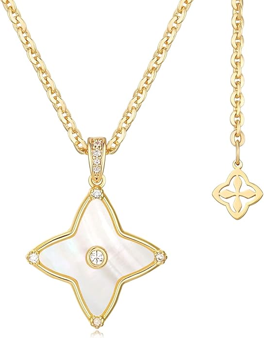 MYEARS Women Clover Necklace Pendant Lapis Lazuli/Mother of Pearl/Turquoise/Yellow Tiger's Eye Cubic Zirconia 14K Gold Simple Dainty Chain Everyday Trendy Lucky Jewelry