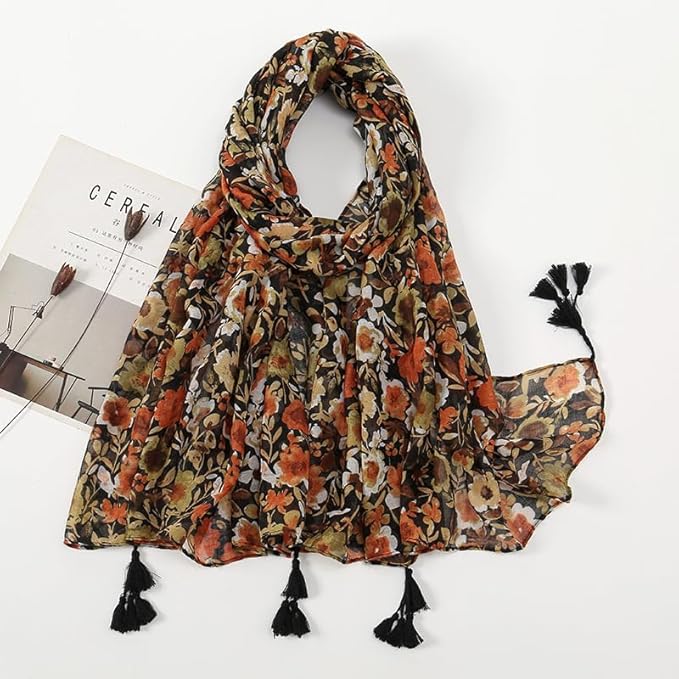 YOUR SMILE Large Boho Scarf for Women Lightweight Floral Printed Scarves Fall Winter Fashion Fringed Shawl wraps
