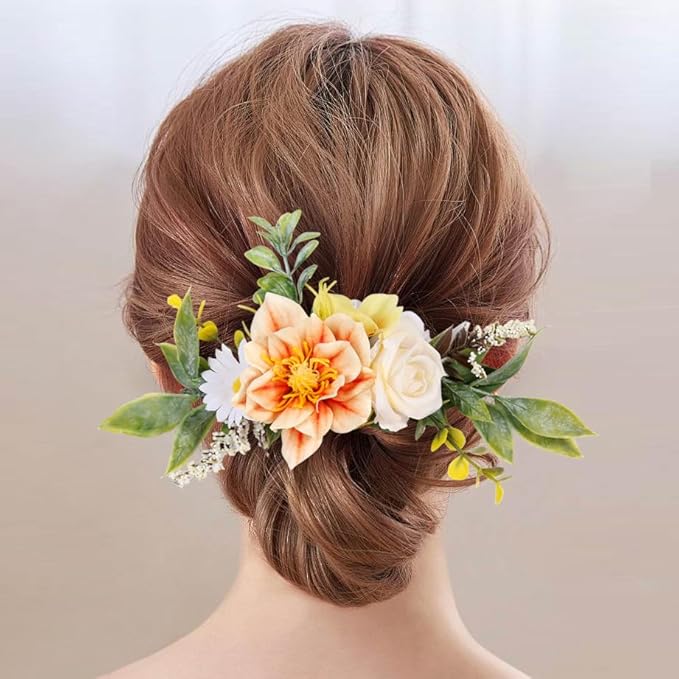Flower Hair Clip for Women - Elegant Hair Accessory for Wedding, Party & Daily Wear (Orange)