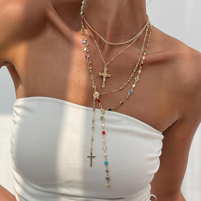 Gold Color Cross Pendant Necklace Set for Women,Dainty Big Crystal Cross Imitation pearl Layered Chain Necklace Summer Party Jewelry