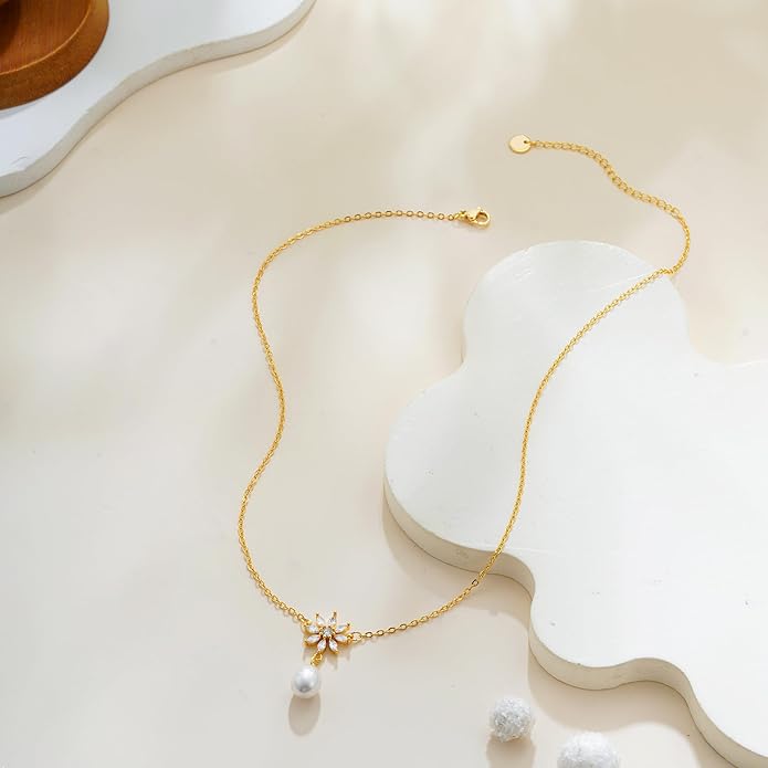 Valentines Day Gifts for Her - 14K Gold Plated Pearl Necklaces for Women Trendy Dainty Necklace Simple Layered Pearl Necklaces for Women Trendy Wedding Birthday Valentines Jewelry