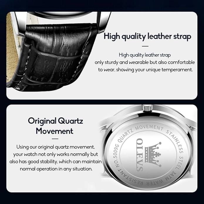 OLEVS Mens Watches Vintage Leather Band Dress Classic Easy Reader Arabic Numerals Analog Quartz Waterproof Date and Day Blue/Black/White Large Face Men's Wrist Watches