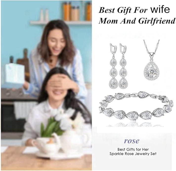 LMXXVJ Necklace Long Earrings Bracelet Set, White Gold Plated Created Blue Sapphire Jewelry Set Wedding Party Gift Jewelry for Women Bridal Bridesmaid