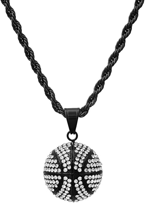Basketball Necklace - 18K Plated Basketball Chain with Hoop for Men, Women, Teens - Gold, Silver & Black Color Options - Stainless Steel Sports Pendant with Simulated Diamond CZ Stones