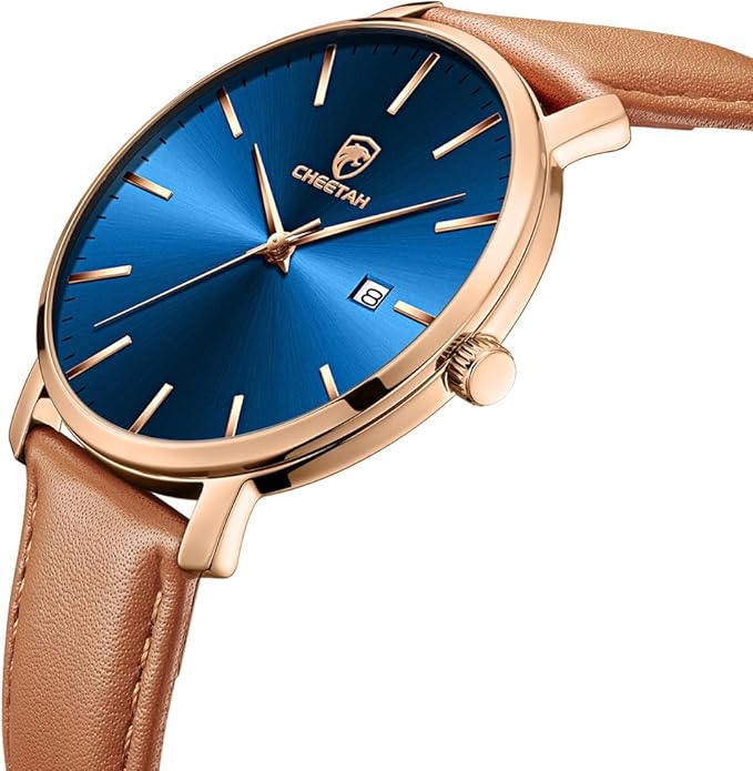 CHEETAH Minimalist Waterproof Quartz Watches for Men with Leather Strap, Auto Date
