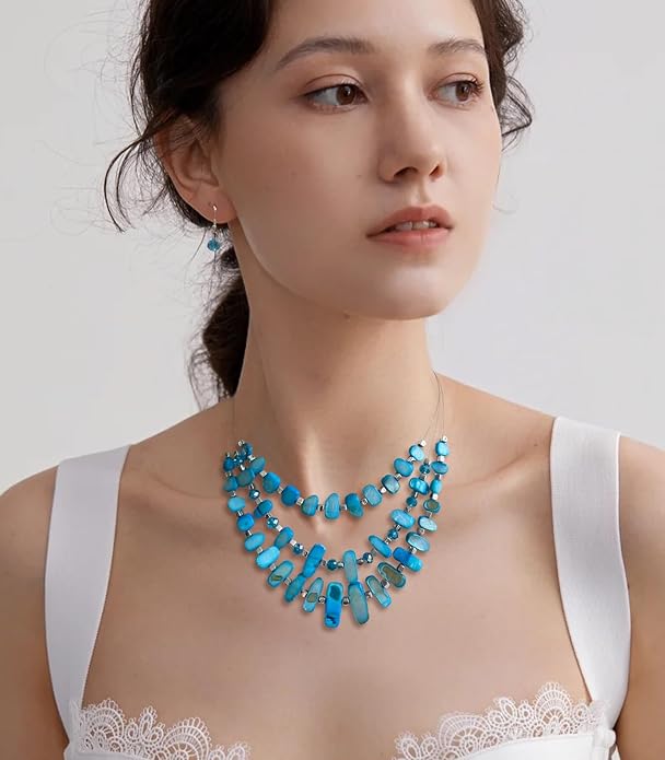 3 Layered Chunky Statement Necklace for Women Beaded Strand Necklaces with Earring Fashion Costumes Collar Necklace Jewelry Sets Gifts for Women