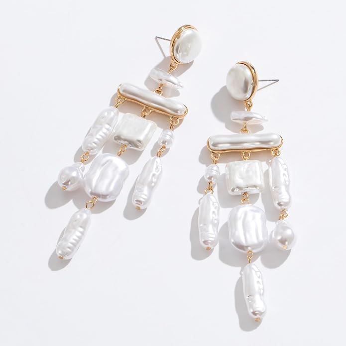 Statement Pearl Dangle Earrings,Gold and Large Pearl,Luxury Chandelier Organic Style Earrings