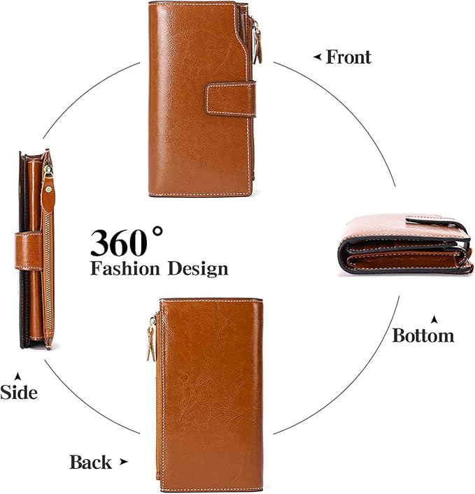 Women's Retro Long Wallet Genuine Leather RFID Blocking Large Capacity Clutch Purse in Brown (Brown)