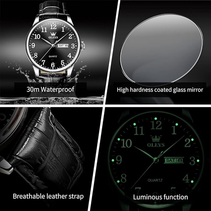 OLEVS Mens Watches, Casual Leather Watches for Men Easy to Read Quartz Number Watch with Date Waterproof Blue/Black/Silver Face Men's Wrist Watches…