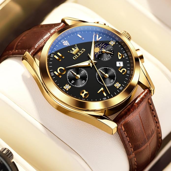 OLEVS Men's Watches Brown Leather with Date,Casual Watches for Men,Large Face Watches Men,Chronograph Mens Watch,Sport Waterproof Business Dress Analog Quartz Men's Wrist Watches Reloj De Hombre