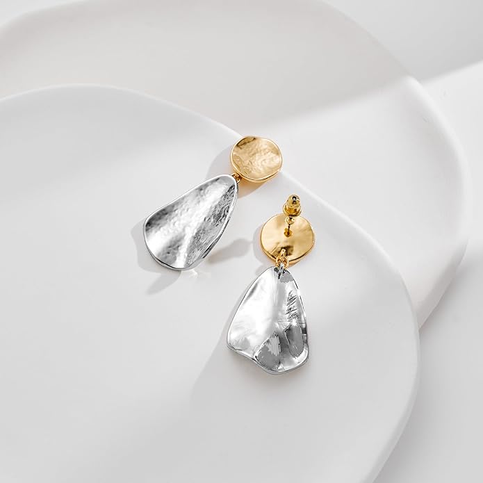 YUJIE Gold Plated Earrings for Women Geometric Chunky Dangle Earring Trendy Silvery Two-Tone Statement Jewelry