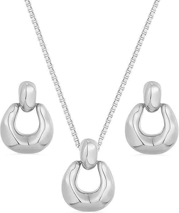 Necklace Earring Set for Women | 18K Gold Plated Statement jewelry | Trendy Pendant Necklace and Hoop Earrings for Her
