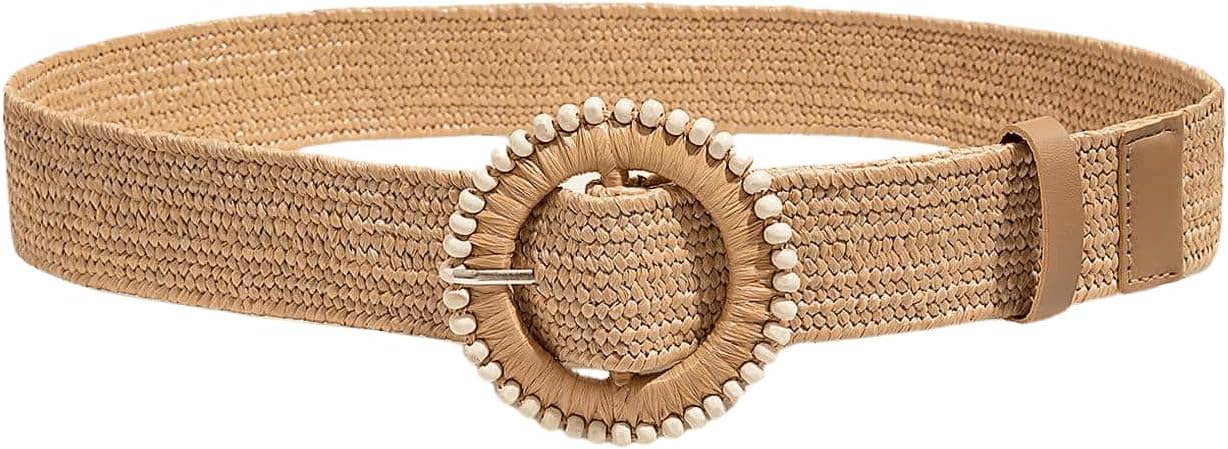 Verdusa Women's Western Belt Cowgirl Boho Straw Belts Round Buckle Elastic Waist Belt