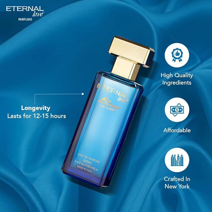 Eternal Love Blue for Women - Long Lasting Eau de Parfum Spray - Soft Powdery Floral Scent with Vanilla & Jasmine - Feminine & Alluring Fragrance - 3.4oz