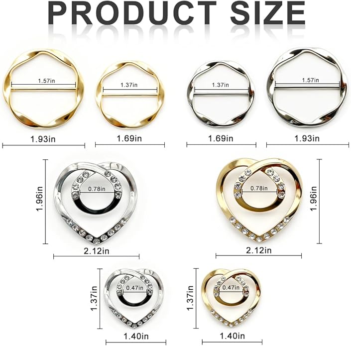 8PCS Scarf Rings and T-Shirt Tie Clips, 2-Size Metal Scarf Holder Set, Gold & Silver Waist Cinch & Shirt Side Tie Accessories for Women